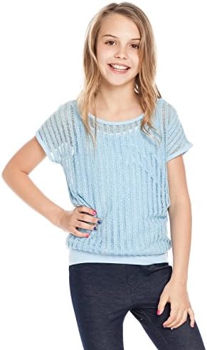 Chelsea Apparel- Girls SHORT SLEEVE STRIPED KNIT TOP W/ CAMISOLE (2PC SET) MT1855, BLUE, L