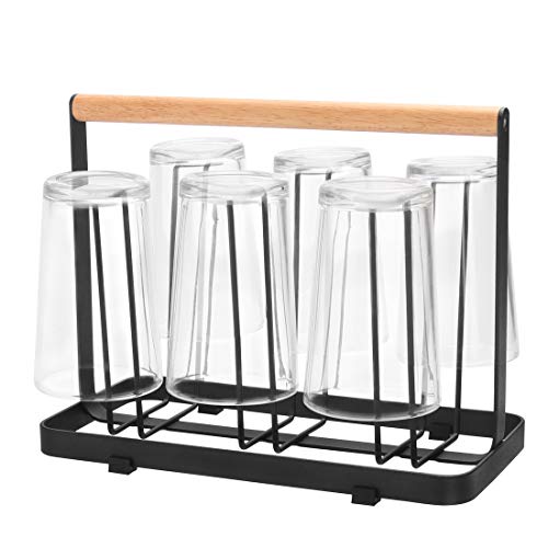 Cup Drying Rack Stand, 6 Cup Metal Drainer Holder Rack Non-Slip Mugs Cups Organizer with Wood Handle, Black - Thumbnail 7