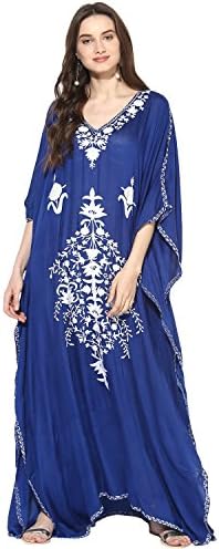 CRAFTBAZAR Women's Boho Embroidered Midnight Blue Kaftan (Free Size)
