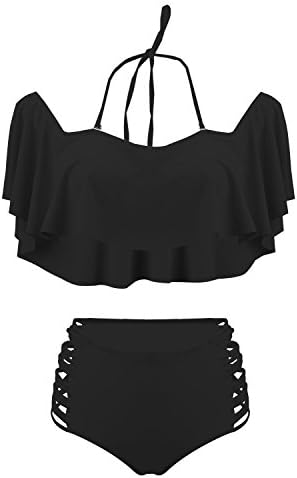 UTOVME Women Off Shoulder Padded Falbala High Waist Bikini Set Swim Bathing Suit