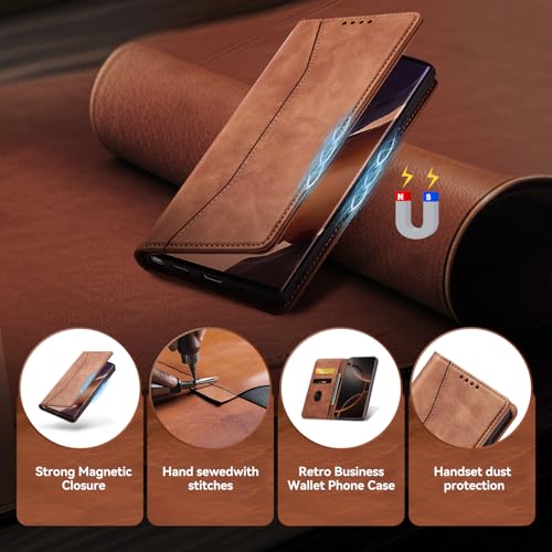 KIOTROUO Case for Xiaomi 14T, PU Leather Case with Card Slot, Protective Cards, Folding Stand, Magnetic Closure, Book Type Flip Case, Brown