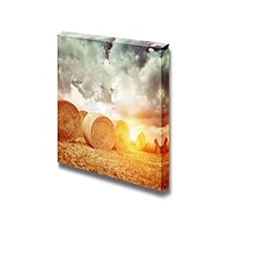 Canvas Prints Wall Art - Dry Round Bales in Autumnal Harvest Season at Sunset | Modern Wall Decor/Home Decoration Stretched Gallery Canvas Wrap Giclee Print & Ready to Hang - 12" x 12"