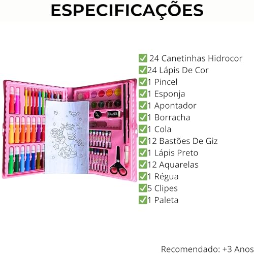 Maleta de Pintura Infantil 86 Peças — Estojo Rosa, Lápis de Cor, Canetinha, Giz de Cera, Aquarela e Pincel, Para Meninas 4 a 12 Anos, Escola e Presente
