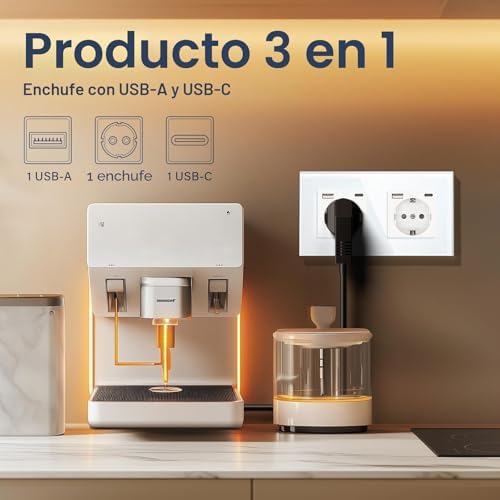 Tomada USB dupla (máximo 2.1A) com porta Tipo C, ficha Schuko branca, tomada elétrica com 2 carregadores USB x e Tipo C Adequada para smartphone, tablets MP3, cozinha, quarto