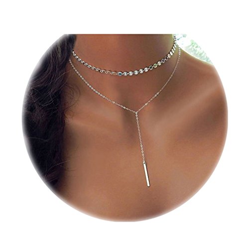 Shoopic Layered Coin Choker Drop Bar Pendant Necklaces Silver for Women