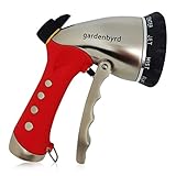 Gardenbyrd Hose Nozzle - Metal Garden Hose Nozzle with Pressure Flow Control, 10 Pattern, Black, Red