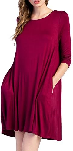 Women's Strict Stitch Three-Quarter Sleeve Swing Dress w/ Pockets (Small, Burgundy)