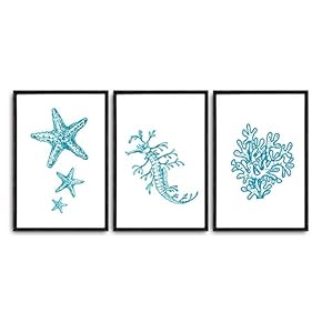 3 Piece Framed Canvas Wall Art Simple Seabed Elements Canvas Prints Home Artwork Decoration for Living Room,Bedroom - 16"x24"x3 Panels