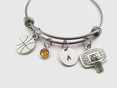 Basketball and hoop bangle personalized adjustable bracelet with initial and birthstone