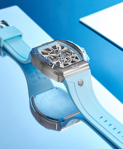 PC PARAS CROWN Men's Chronograph Sport Casual Watch with Japanese Movement Water Resistant 5 ATM Stainless Steel Tonneau Case Silicone Strap Quartz