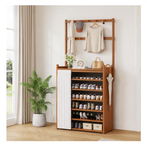 Shoe Rack Storage Cabinet Bamboo Free Standing Shoe Racks with Dustproof Curtain Storage Shelf Organizer for Entryway Hallway Bedroom (E-7 Tier)