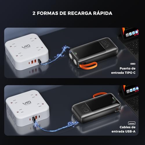 HUSEYTA Power Bank 20000mAh con Cables Integrados, Carga Rápida PD 22.5W, Batería Externa con 4 Cables y Pantalla LED, Compatible con iPhone, Samsung, Xiaomi