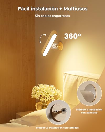 Lampara de Pared Recargable Inalambrica, Juego de 2 Apliques de Pared LED con Control Remoto, Luz RGB 15 Colores, 3 CCT Regulable, Rotación Magnética 360°, Lamparas de Pared Interior de Madera