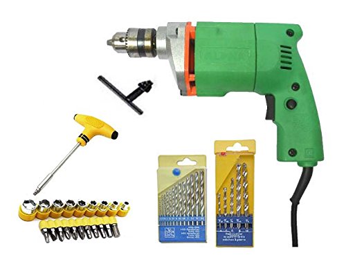 Heavy Duty Powerful 10mm Drill Machine+ 22Pcs Screw Driver & Socket Set + 13Pcs HSS Drill Set for Wood,Metal,Plastic & 5Pcs Masonary Drill Set for Wall,Concrete