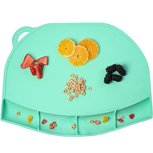 Upward Baby Food Catching Placemat for Round Table Only - Suction Silicone Placemats for Kids Babies and Toddlers - Clean Mealtimes at Home and Restaurants - Reusable Sticky Mat (Mint)
