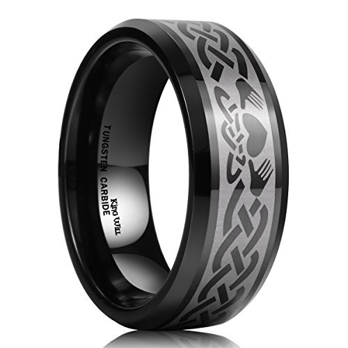 Classic Mens 8mm Black Tungsten Carbide Ring Laser Irish Claddagh