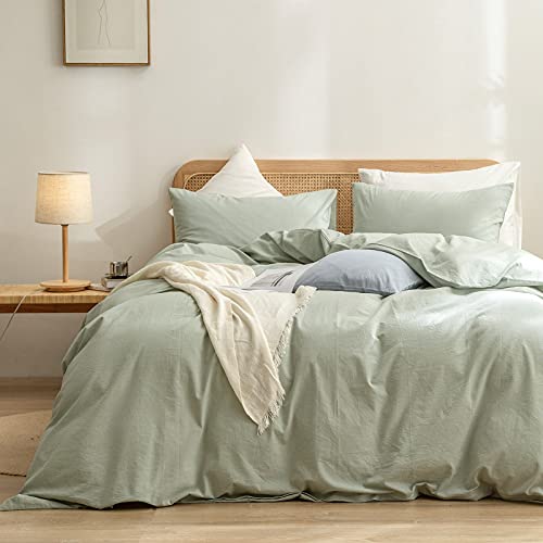 BESTOUCH Duvet Cover Set 100% Washed Cotton Linen Feel Super Soft Comfortable Chic Lightweight 3 PCs Home Bedding Set Sage Green King