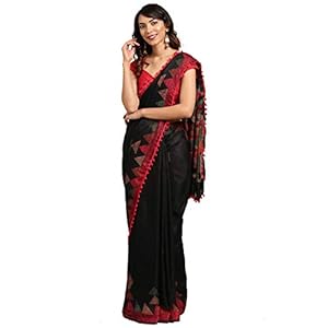 Womanista Women’s Printed Cotton Blend Saree with Pom (FSP747_Black)