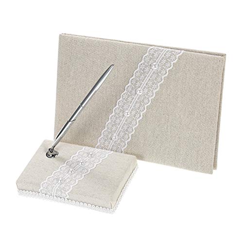 BERTERI 5pcs/Set Vintage Burlap Flower Girl Basket Ring Bearer Pillow Guest Book Pen Holder Bride Garter Wedding Supplies Set with Lace Faux Pearls Design