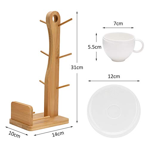 Porcelain Tea Cup Set,Coffee Cups and Saucer with Bamboo Rack(6 Piece Set)