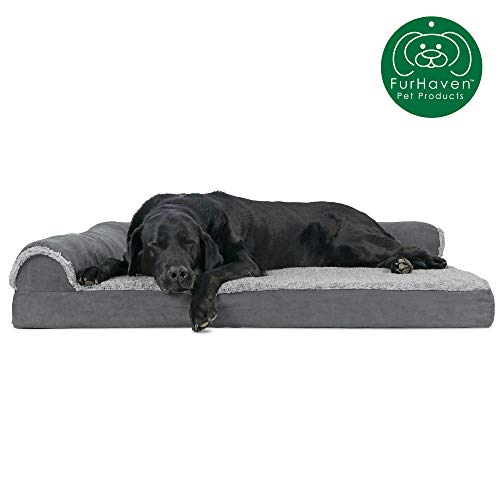 Furhaven Pet Dog Bed | Deluxe Orthopedic Two-Tone Plush Faux Fur & Suede L Shaped Chaise Lounge Living Room Corner Couch Pet Bed w/ Removable Cover for Dogs & Cats, Stone Gray, Jumbo