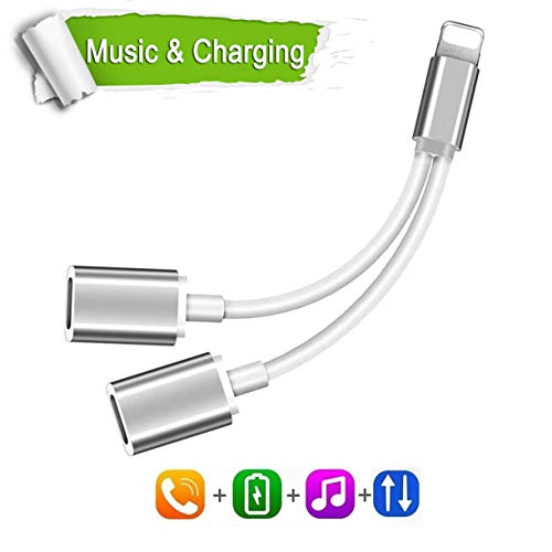 2-in-1 Dual Lighting Headphone Audio and Charge Adapter,Lighting Splitter Headphone Adapter, Compatible Phone 7/8 / X/XS/XR/XS MAX.(Compatible iOS 11, iOS 12 Silver)