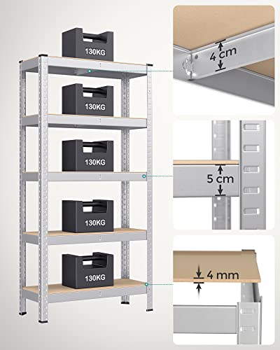SONGMICS 5-Tier Shelving Unit, Set of 2 Steel Shelving Unit for Storage, Boltless Assembly, for Garage, Shed, Load Capacity 650 kg Each, 30 x 75 x 150 cm, Silver GLR030E02