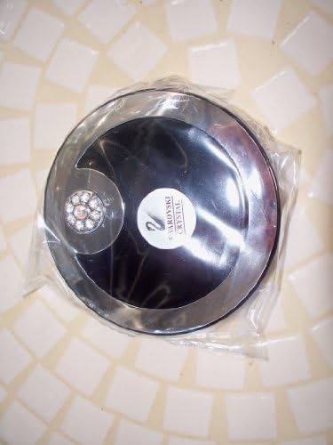 Sarovski Crystal Cosmetic Mirror Cmpact Black and Silvertone with Dual Sided Mirros One Regular Strength One 5x 3 1/4" Round Plastic and Glass