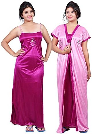 Ajira Women's Satin Plain Maxi Nighty (Pack of 2) (Satin Nighty Dark Pink Baby Pink_Dark Pink & Baby Pink)