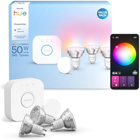 Essential Starter-Set: Bridge + 3 Essential GU10 Smart Leuchtmittel + Smart Button, White und Color Ambiance LED Licht, 2200-6500K, dimmbare LED Lampen, steuerbar mit Sprachassistenten