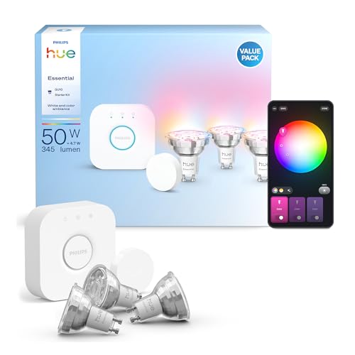 Essential Kit de démarrage avec Bridge+3 ampoules connectées GU10 Essential + Smart Button, WACA, 2200-6500 K, variable, Ampoule connectée compatible Alexa, Google Assistant, Apple Home