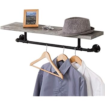 MyGift Industrial Metal Pipe & Torched Wood Wall Mounted Garment Rack with Shelf