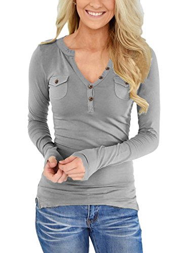 ZKESS Women's New Henley Tshirts Long Sleeve V Neck Button Pockets Tops Blouses Under 20$ Gray S