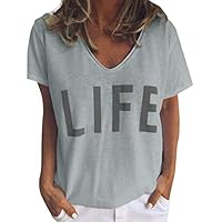 Orfilaly Retro Plus Size T Shirt Women Short Sleeve Letter Printed V Neck Tops Ladies Daily Baggy Blouse Oversized Gray