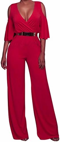 Rokiney Ladies Off Shoulder Plunge V Palazzo Pants Belt Evening Rompers XL Ruby