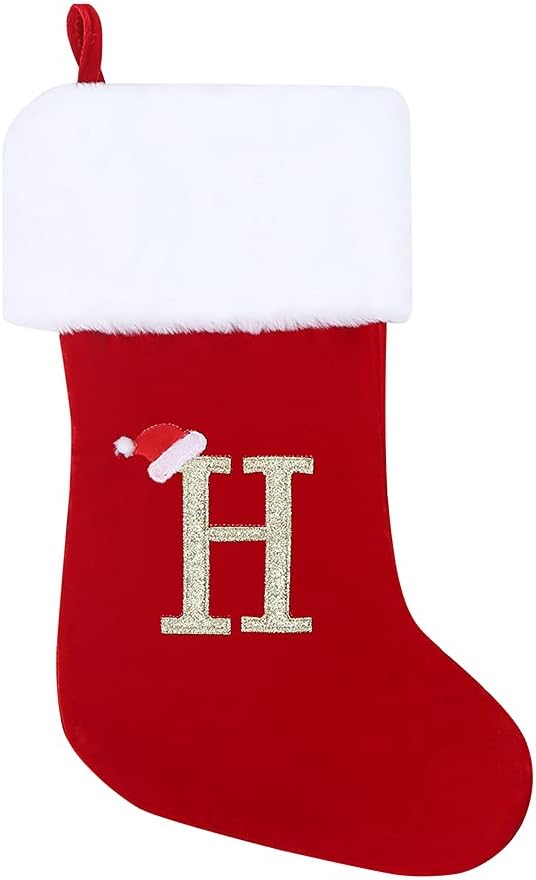 Stockings & Holders - 20 Inches Initial Christmas Stocking Monogram Embroidered Christmas Stocking Red Gray Velvet with White Super Soft Plush Cuffs Christmas Decorations Stocking C08-H-Red