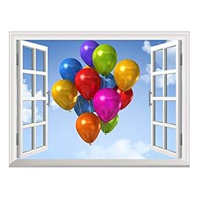 Removable Wall Sticker/Wall Mural - Beautiful City Skyline at Evening | Creative Window View Wall Decor - (36"x48", Coloreful Air Balloons)