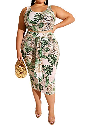 Plus Size Two Piece Sets Sleeveless Tie Dye Tank Crop Top Bodycon Midi Pencil Skirt Sets 2 Piece Club Outfits Summer Party Casual Beach Green 3XL