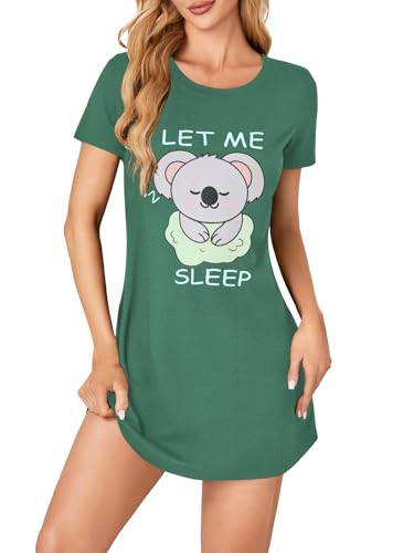Vrtige Women's Nightgown Short Sleeve Nightshirt Green Koala Small at Amazon