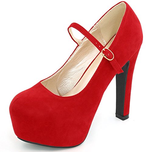 Allegra K Woman Rounded Toe Buckle Strap Pumps (Size US 7.5) Red