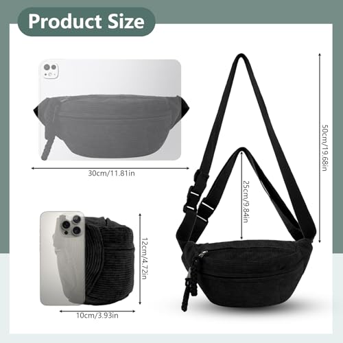 Maxmoc Bum Bag Corduroy Crossbody Bag Shoulder Bag for Men and Women | Black Fashionable Belt Bag with Shoulder Strap Adjustable for Outdoor Sports, Travel, School, Work