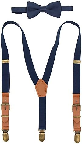 Boys Suspenders Bow Tie Set Tuxedo Braces with Leather and Bronze Clips for Kids