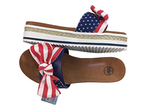 24P Women’s Slippers Sandals Open-Toe Easy Slip-On All Day Comfort, Beautiful Ropy Braided & US Flag Bow.