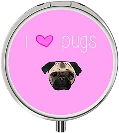 Portable Mini 3 Slots Drug Container, Round Metal Pill Case Box for Travel Purse Pocket - I Love Pugs