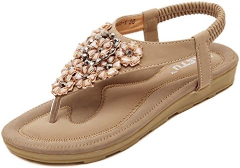 Poduo Leather Jeweled Womens Thong Sandals Flat Flip Flops Sandles Beige 41 9 D(M) US