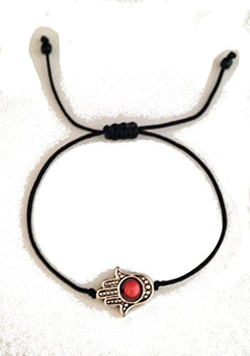 The Artsy Nomad Unisex Pewter Hamsa Hand of Fatima Black String Bracelet; Nylon
