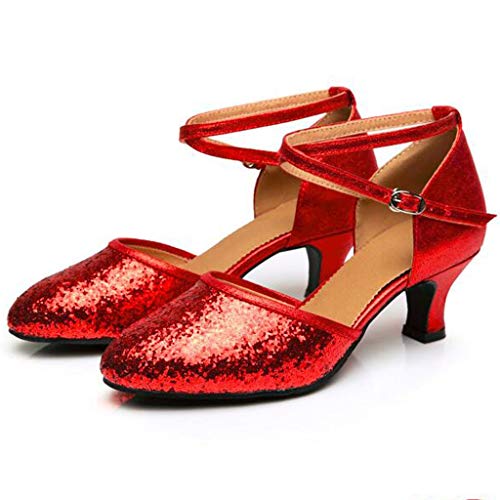 Duseedik Women's Dance Shoes Ballroom Tango Latin Salsa Dancing Low Heel Closed-Toe Ankle Strap Sequins Social Sandals