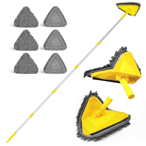 JEHONN Wall Mop with Long Handle 80 Inches, Upgraded 180° Collapsible Baseboard Cleaner Tool with Squeegee, Ceiling Duster with 3 Microfiber and 3 Chenille Pads for Cleaning Window, Cabinet (Yellow)