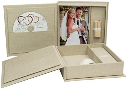 Wedding CD / USB box with photo box Linen fabric nature, 18x18 cm