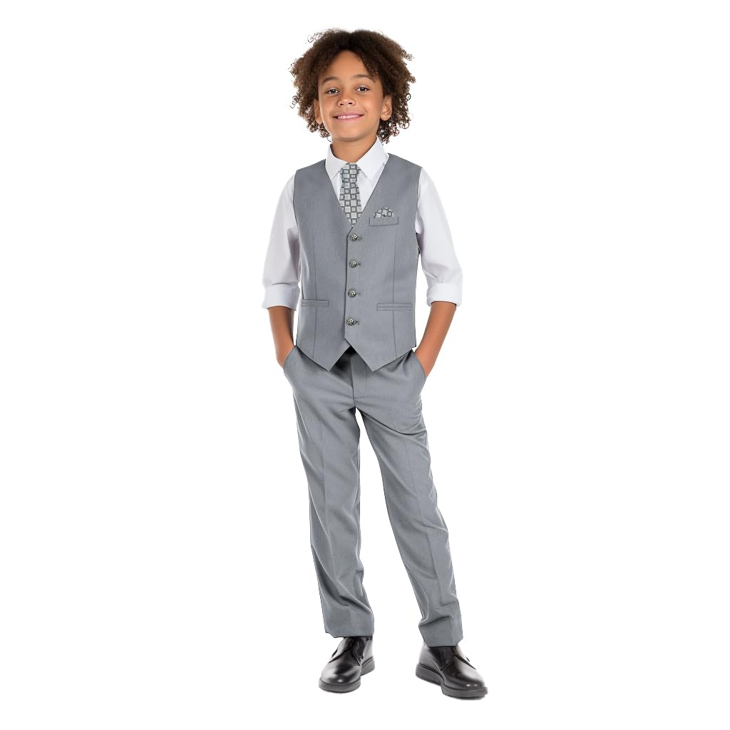 Photo 1 of **UNKNOWN MISSING PIECES** Marvelous Kids Boys 6-Piece V-Neck Formal Slim Fit Vest Suit Set, Light Gray, Size 8